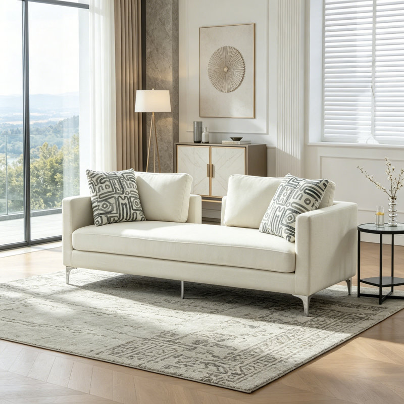 Chaise longue surdimensionnée en chenille avec dossier ouvert, accoudoirs et 4 coussins, Ivory Chenille