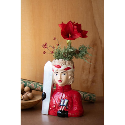 CERAMIC SNOW SKIER WOMEN VASE