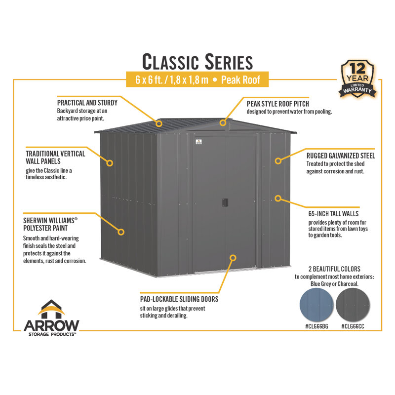  Arrow Classic Steel Storage Shed, Gray, 6 ft. W x 6 ft. D
