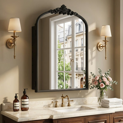 Arched Wall-Mount Medicine Cabinet with Ornate Corner Detail – Vintage Style Bathroom Mirror with Storage, 2 Adjustable Shelves, Brushed Black, 16"x24"