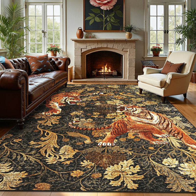 Tiger Washable Rugs Area Rugs for Living Room Vintage Rug Botanical Floor Carpet for Dining Room Home Office, Brown