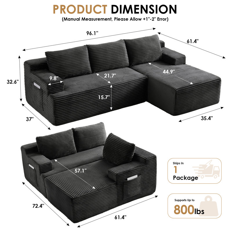 Boneless 96" Sectional Couches For Living Room Modern Modular L-Shape Cloud Sofa Compression-Boneless Deep Seat Couch With Chaise