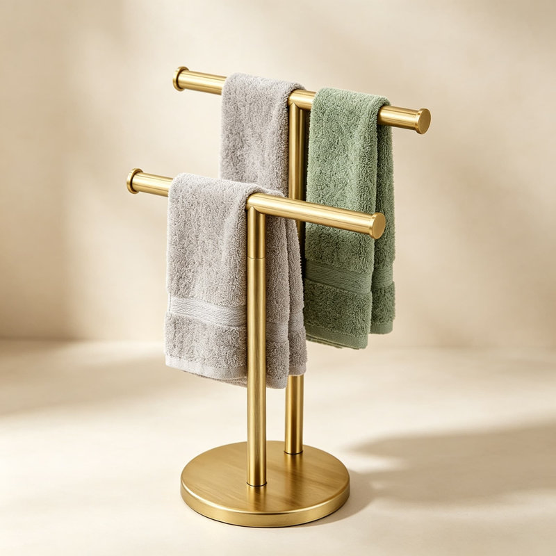 Porte-serviettes double pour comptoir de salle de bain, porte-serviettes sur pied en acier inoxydable avec base antidérapante robuste, gain de place pour la cuisine et la salle de bain, fini or brossé