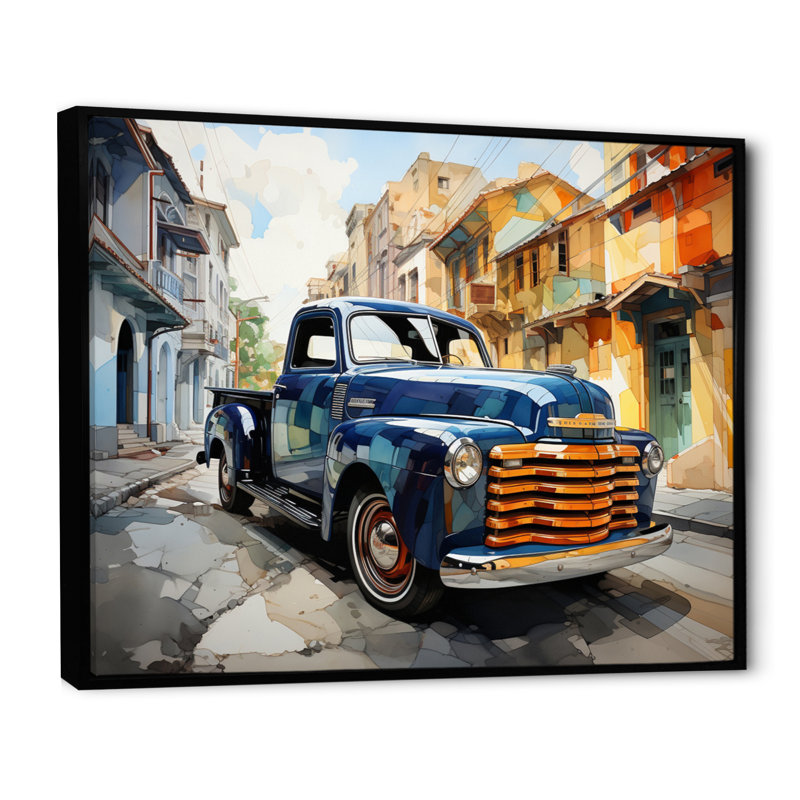 Orange Blue Pickup Truck Bold Contours II - Transportation Canvas Prints, H 34 po x l 44 po x P 1,5 po, Cadre flottant noir