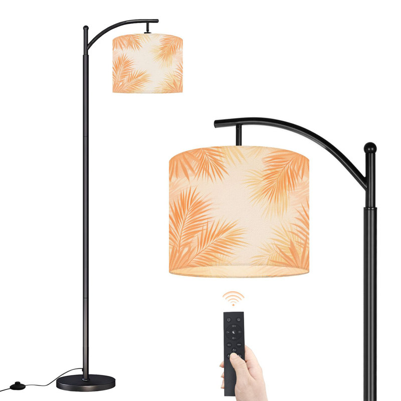 Lampe sur pied à arc avec abat-jour réglable Feuilles de palmier tropicales Lampe sur pied à tons de rose doux beige 3 températures de couleur à intensité variable pour poteau avec interrupteur au pied pour la chambre à coucher