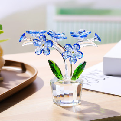 Crystal Forget-Me-Not Floral Figurine, Handcrafted Pink Flower Decorative Accent for Living Room, Bedroom and Office
