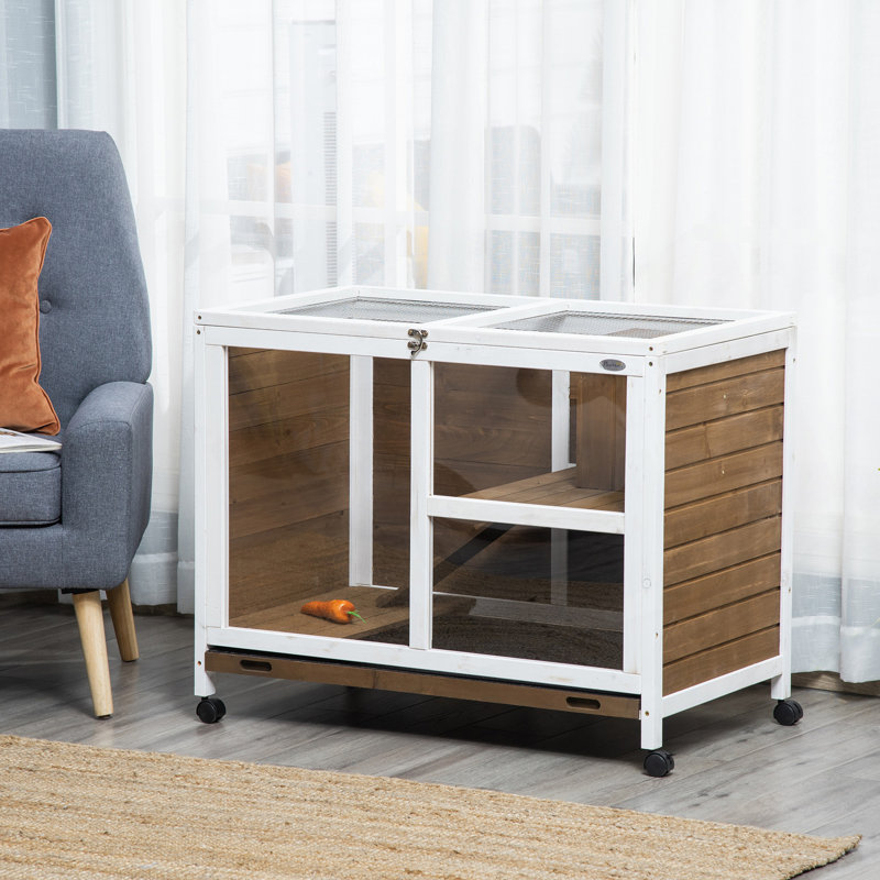 Cage à lapins d'intérieur avec roulettes, bureau et table d'appoint, cage à lapin en bois, cage à lapin imperméable, brun