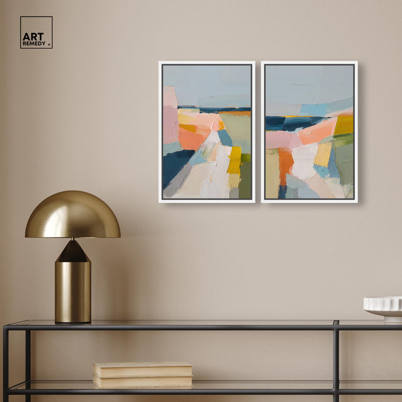 Pastel Fields Duo Canvas Print Modern Abstract Art Set by Art Remedy, Black Frame, 36 x 54, H 24 po x l 16 po