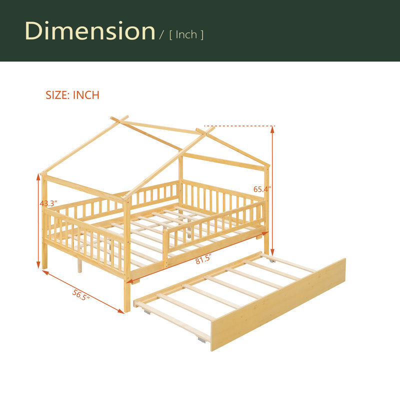 Wooden House Bed With Twin Size Trundle, Natural
