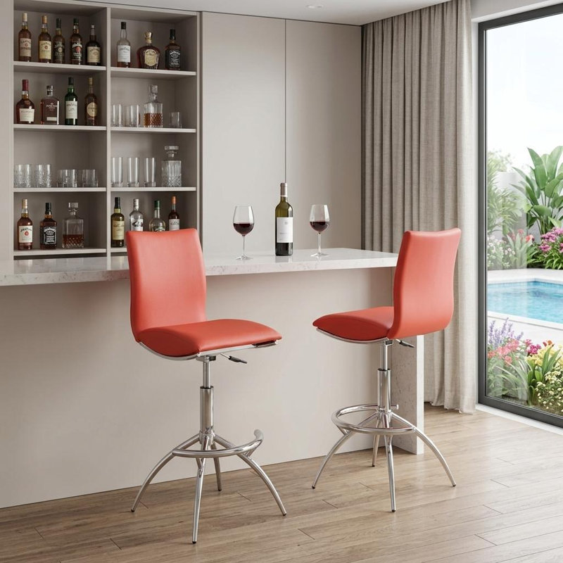 Ensemble de deux chaises de bar à hauteur ajustable en faux cuir orange et argent