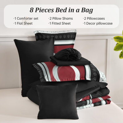 8 Piece Boho Patchwork Striped Comforter Set Soft Microfiber Bedding Set for All Season