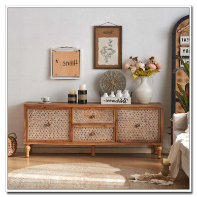 Rattan TV Stand For Tvs, Wood TV Stand Mid Century Distressed TV Stand TV Media Console With Drawer And Door by Latitude Run