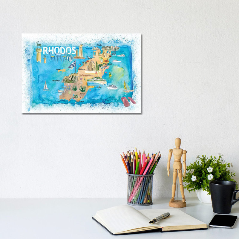 Rhodes Greece Illustrated Map with Landmarks and Highlights 1 Piece Wrapped Canvas Painting, 20.32 cm H x 30.48 cm W