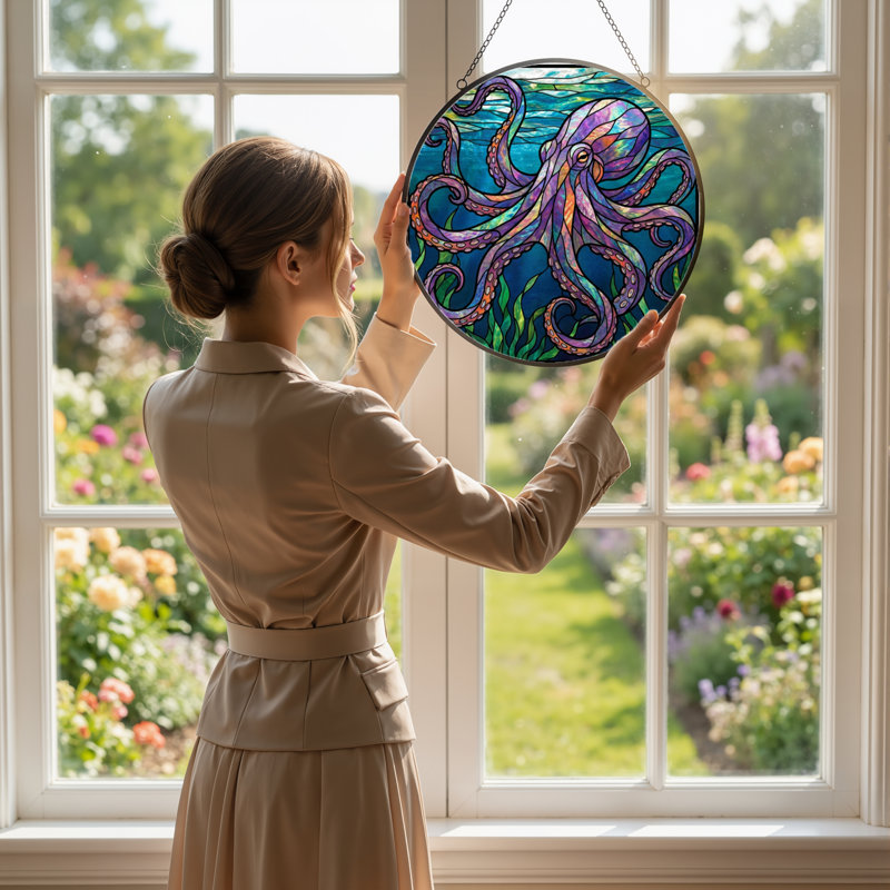 7.8"H Octopus Ocean Stained Glass Window Panel, 7.8" H x 7.8" W