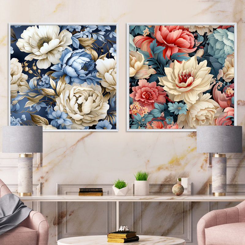 Cremeans - Ensemble de 2 collages carrés floraux, Cadre flottant blanc, H 16 po x l 33 po