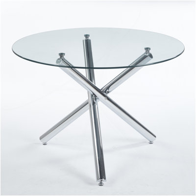 Chrome Dining Table With Metal Leg And Glass,Modern Space Saving Kitchen Table For Living Room,110X110X75CM