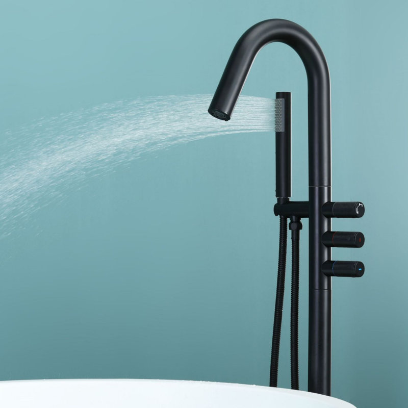 Triple Handle Floor Mounted Freestanding Tub Filler, Black