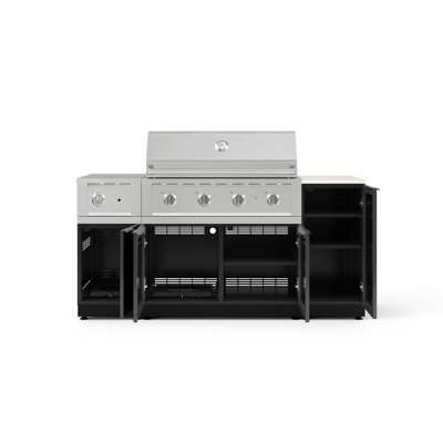 Ensemble d'armoires pour l'extérieur en aluminium gris ardoise 6 pièces avec 1 porte, 1 gril, 4 brûleurs au gaz naturel, 1 brûleur latéral et 1 plateau blanc Dekton