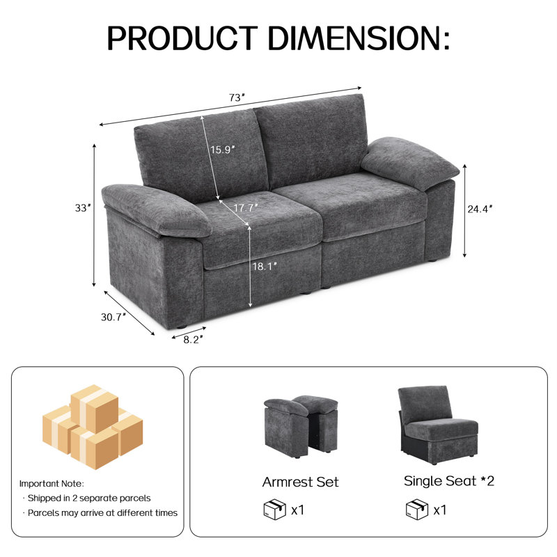 Canapé modulaire en chenille de 73 pouces – Causeuse avec accoudoirs rembourrés, 2 sièges, Gris foncé