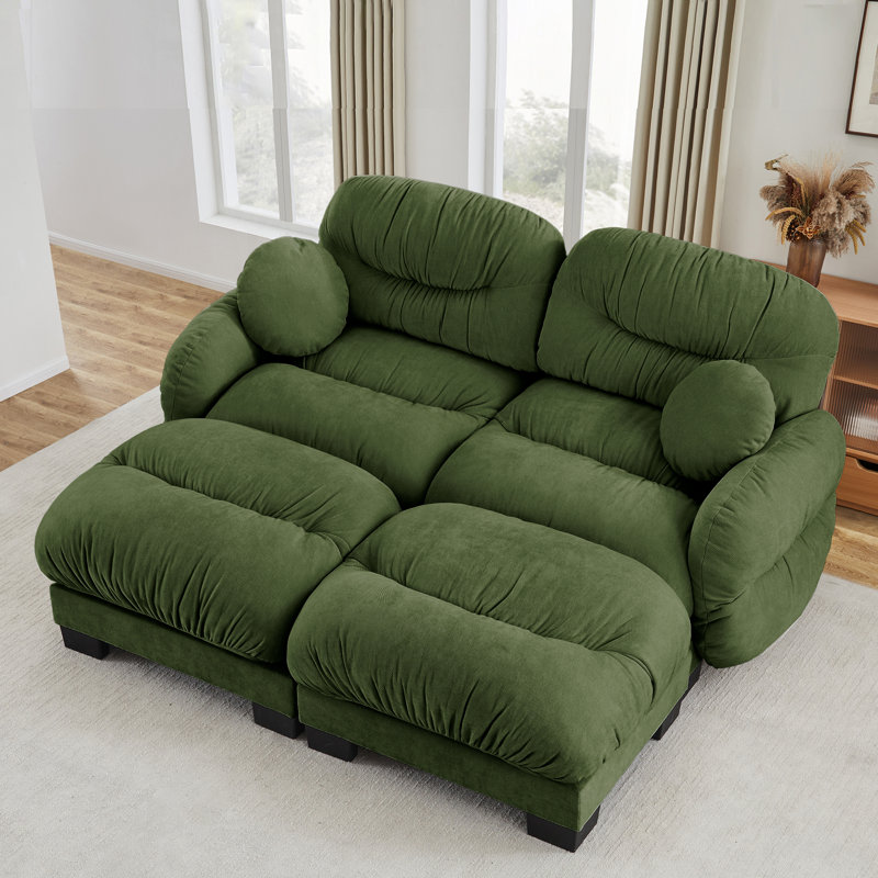 Canapé pliable modulaire en L en chenille 2 places avec mousse ergonomique, accoudoirs courbés, deux repose-pieds et coussins décoratifs ronds.