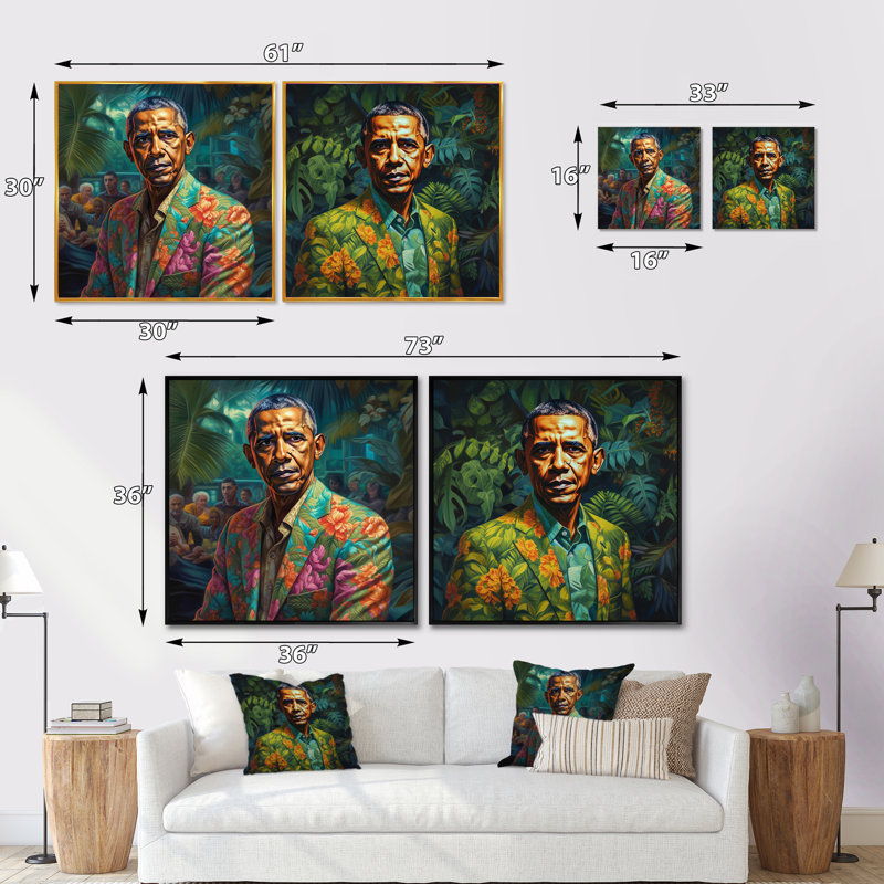 Obama Miami Vibes - président carré, ensemble de 2 collages, Cadre flottant noir, H 36 po x l 73 po