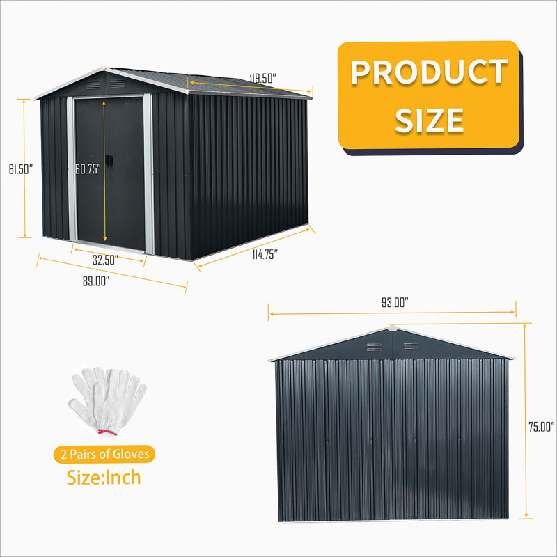 8Ft X 10Ft Outdoor Metal Storage Shed With Floor Base, 75.09" H x 89.09" W x 114.84" D, Black