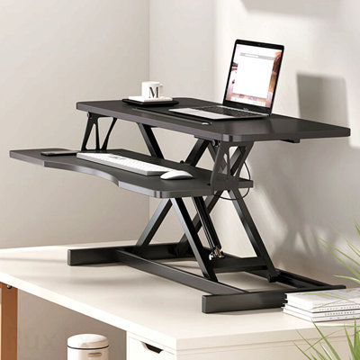 Convertisseur de bureau 32 pouces, élévateur assis-debout réglable en hauteur, double moniteur et poste de travail pour ordinateur portable avec large plateau à clavier (noir)