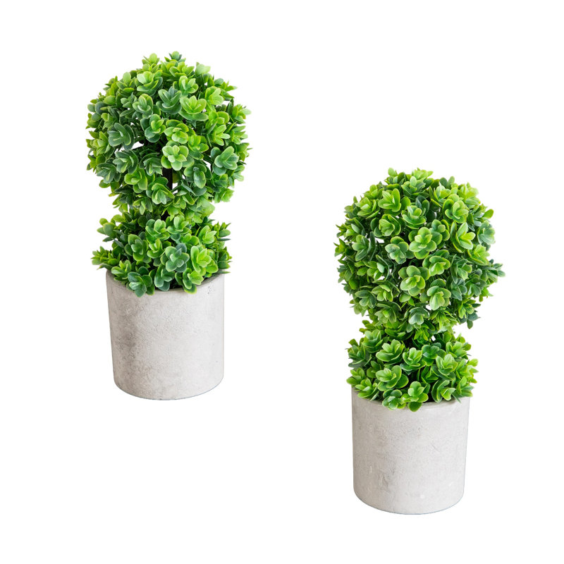 9 po Mini topiaire artificielle en forme de boule d'eucalyptus en pot de ciment - ensemble de 2