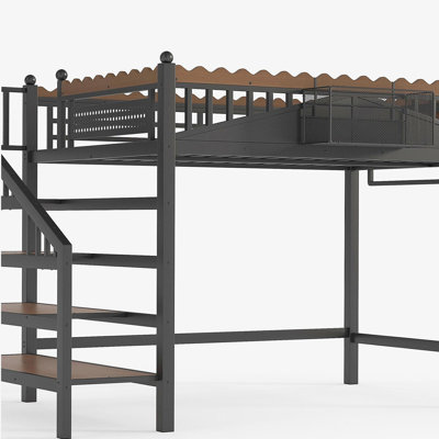 Lit mezzanine double avec escalier de rangement, structure de lit mezzanine en métal avec tablettes de rangement et bibliothèque, lit mezzanine pour chambre à coucher, chambre d'amis, dortoir, noir