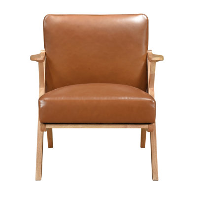 Chaise d'appoint avec cadre en bois d'hévéa naturel naturel avec coussins en similicuir brun, finition en bois et rembourrage des accoudoirs