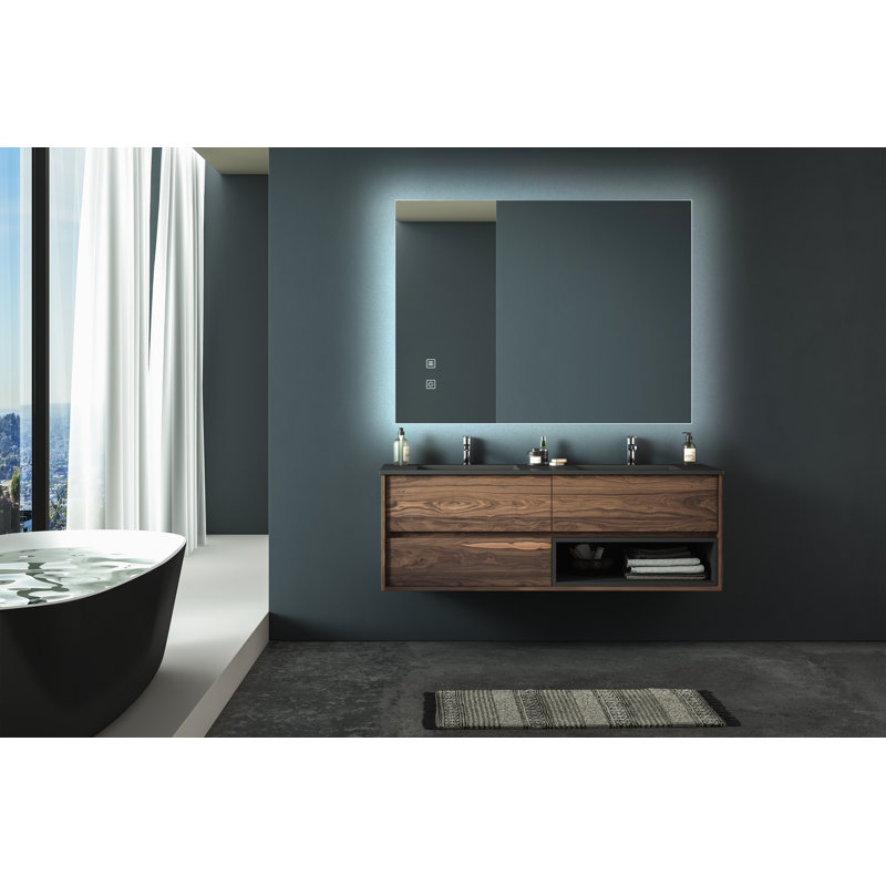 Miroir de salle de bain pour salle de bain avec fond de panier focalisé, cadre en alliage d'aluminium noir, haute luminosité, tactile à intensité variable, contrôle de l'interrupteur mural, anti-buée, CRI 95 réglable 3000K-4500K-6000K, IP54 Waterpr