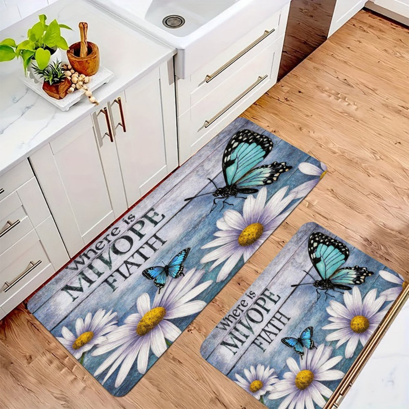 Tapis de cuisine à motif de marguerites en bois bleu, ensemble de 2 tapis rétro pour la cuisine et le salon