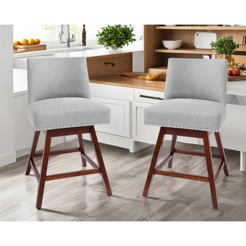 Counter Height Bar Stools Set Of 2 - 360° Swivel Bar Stools With Curved Back,35.8" Tall Linen Bar Chair With Footrest For Kitchen Island, Dining, Cafe