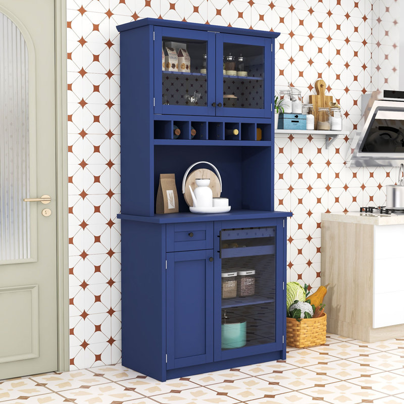 Garde-manger autoportant en bois avec portes en verre trempé, tablettes réglables et porte-bouteilles, Bleu