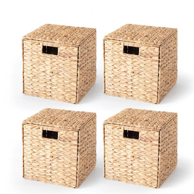 Storage Basket with Lid Foldable Handwoven Water Hyacinth Laundry Cubes Organizer Baskets for organizing,12x12