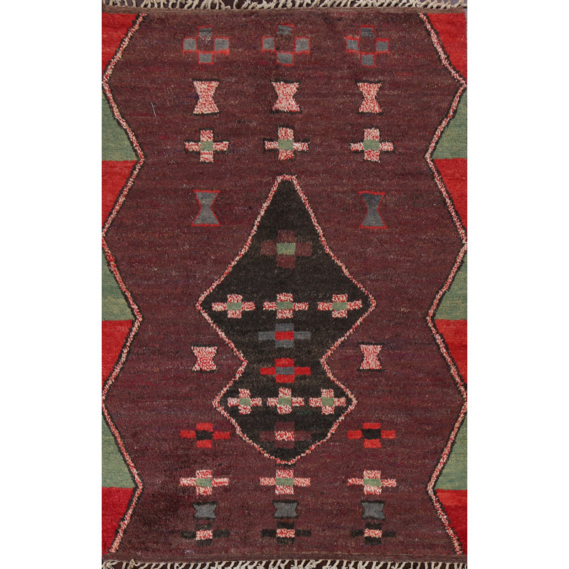Tapis rouge en laine noué à la main de conception unique 6 pi 4 po x 9 pi 9 po marocain