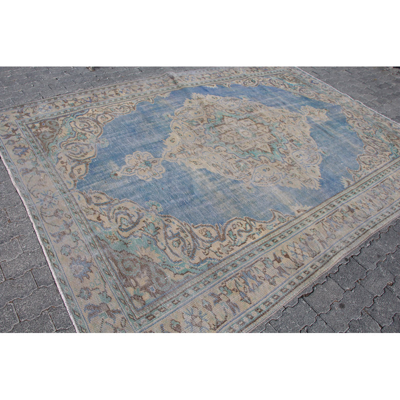 Tapis turc bleu rétro en laine avec motif en médaillon pour la salle à manger