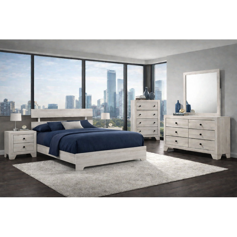 Ensemble de chambre à coucher avec lit plateforme moderne au fini blanc, 6 Piece, Lit double