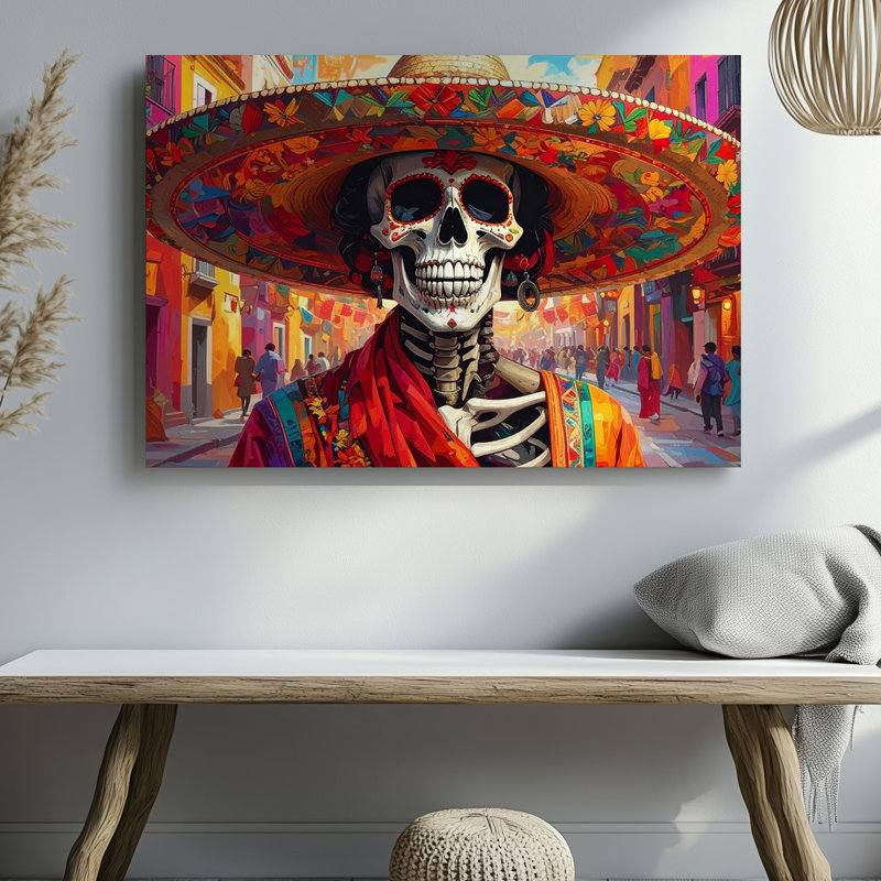 Toile, art mural jour de la mort Fiesta Canvascolorful avec Sombrero, H 30 po x l 40 po
