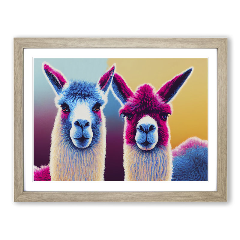 Colourful Llamas Vol.3 - Painting, 25cm H x 34cm W x 2cm D, Oak Framed