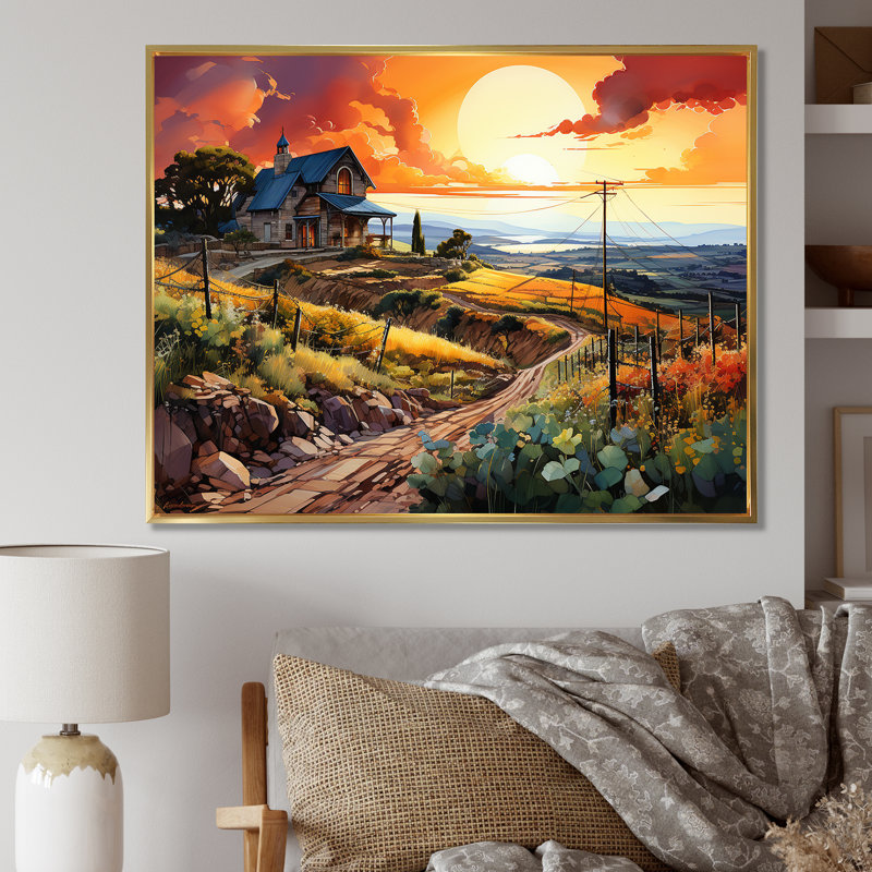 Vineyard Sunset - Vineyard Wall Art Living Room, H 24 po x l 32 po x P 1 po, Cadre flottant doré