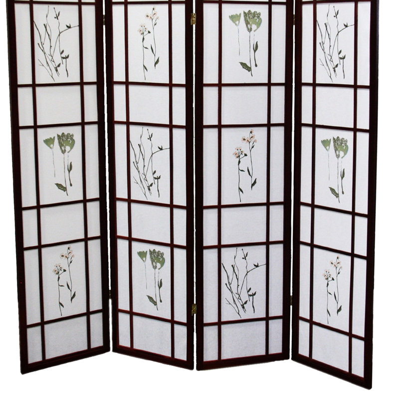 Cloison de 4 écrans de 70 po de hauteur, cerisier avec motif floral asiatique, clôture en bois de cerisier