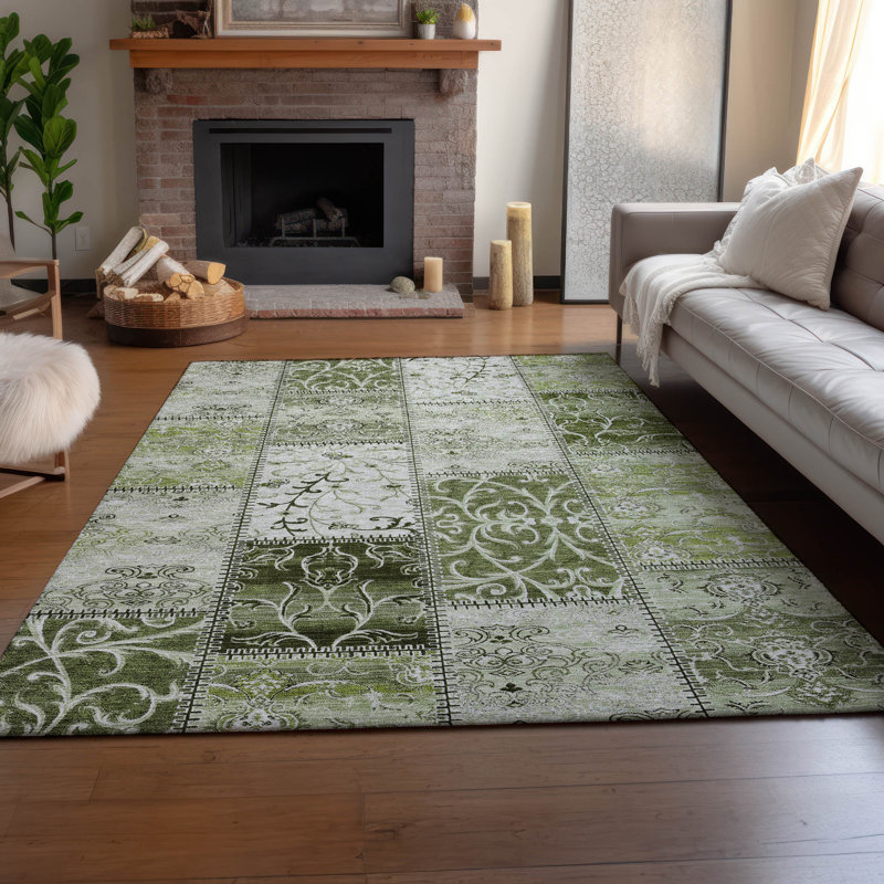 Premium Machine Washable Cerrito AMF566 Green Rug, Rectangle 3' x 5'