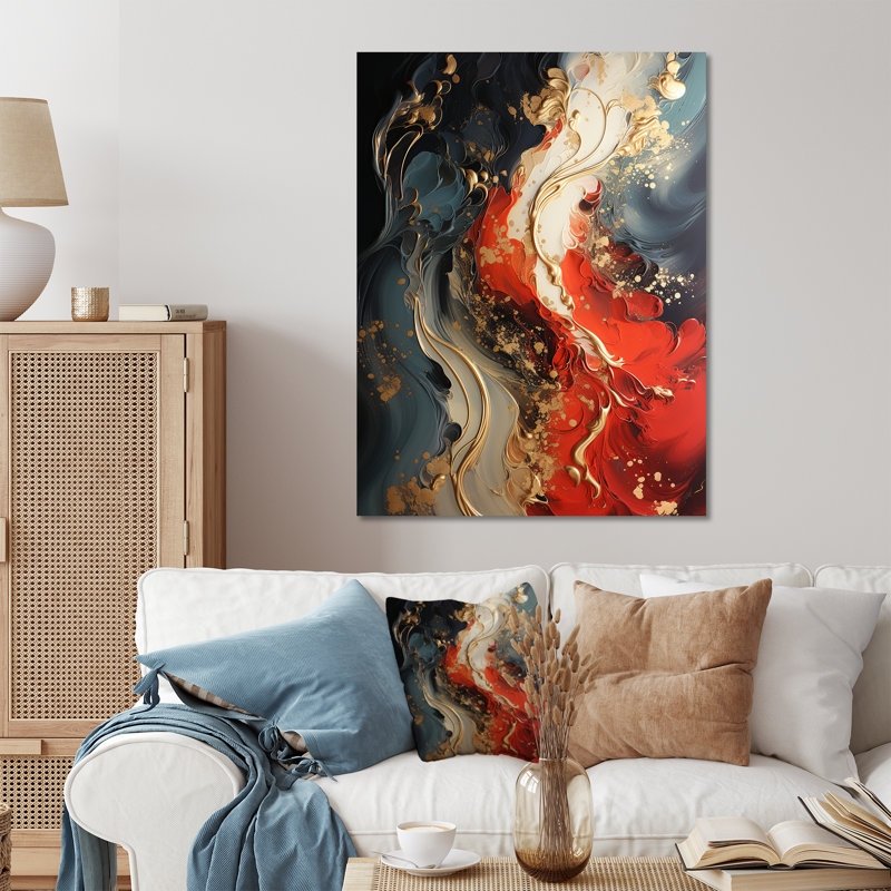 Rouge et or marbre feu IV - art mural abstrait en métal, H 40 po x l 30 po x P 1,5 po
