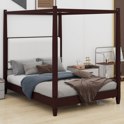Elegant Canopy Platform Bed with Upholstery Headboard & Durable Wood Slat Support System