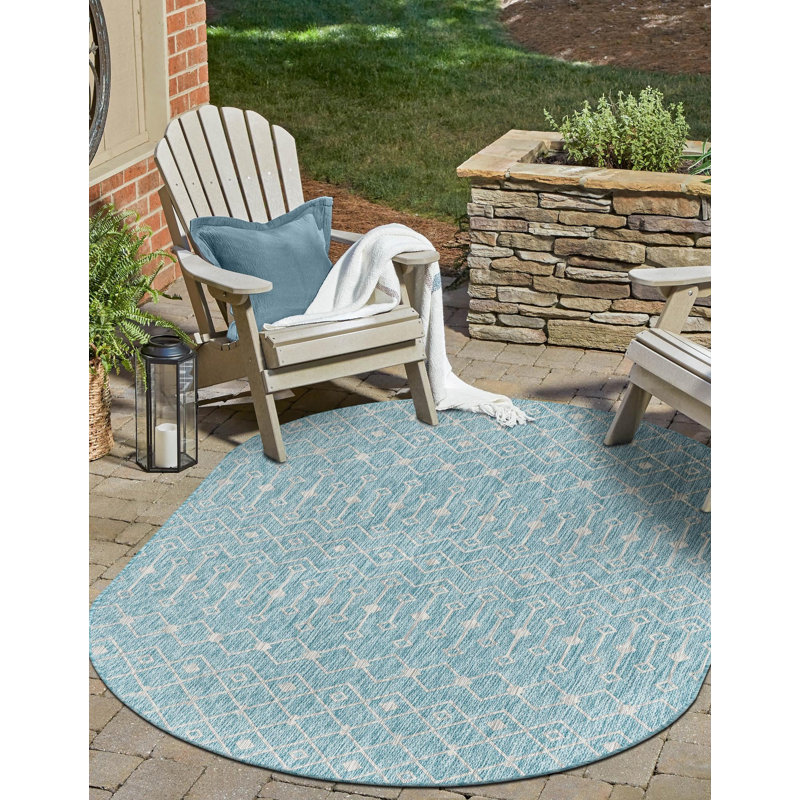 Tapis intérieur / extérieur bleu / beige Kimber Southwestern, Ovale 7 pi 10 po x 10 pi