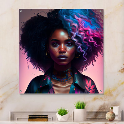Fashion Hip Hop Girl In Pink And Blue III - Woman African American Acrylic Wall Art Glass