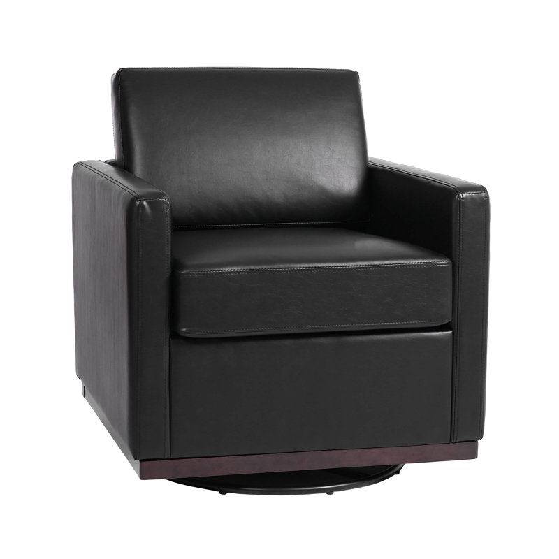 Modern Upholstered Black Faux Leather Square Swivel Armchair with Matel Base, Black Faux Leather