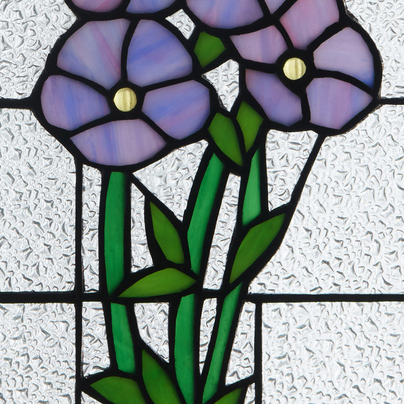 Purple and Green Stained Glass Window Panel with Forget Me Not Flowers