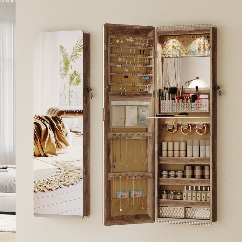 Armoire à bijoux murale à miroir avec lumières DEL intégrées, miroir intérieur et rangement multifonctionnel, Brun